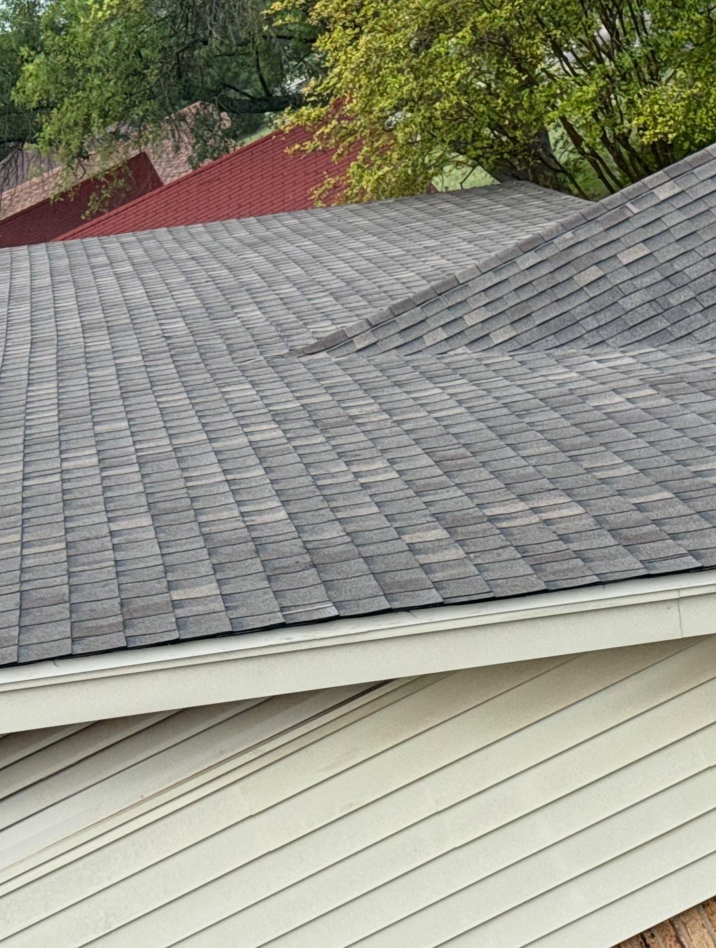 A close up of a roof of a house with trees in the background.