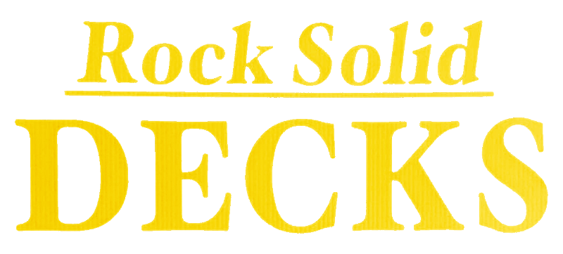 A yellow logo for rock solid decks on a white background
