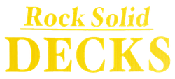 A yellow logo for rock solid decks on a white background