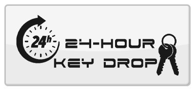 "24-hour key drop logo with clock icon, text and two keys."