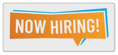 Now hiring announcement in a speech bubble, orange with white text, on a white background.