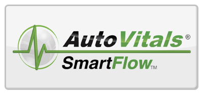 Logo for AutoVitals SmartFlow. Includes a green pulse line inside a circle and text.