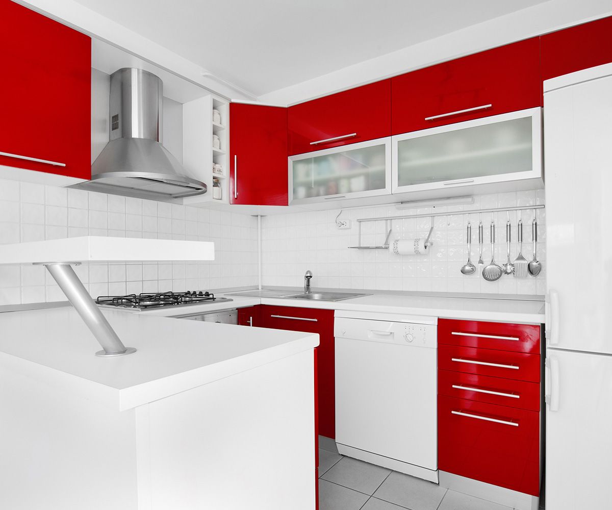 Modern Red Kitchen — Omaha, NE — Lewis Tile Installations Modern Red Kitchen — Omaha, NE — Lewis Tile Installations
