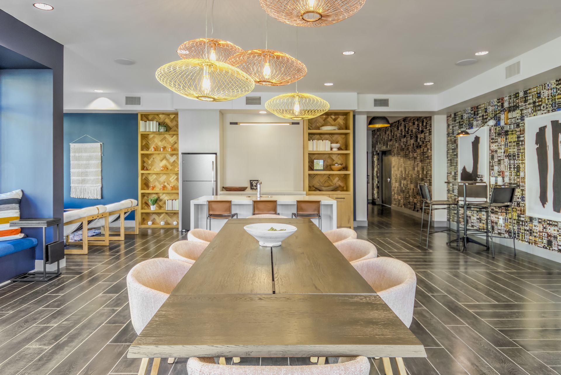 Large dining table in the resident lounge area at Marlowe Place Charlotte, NC