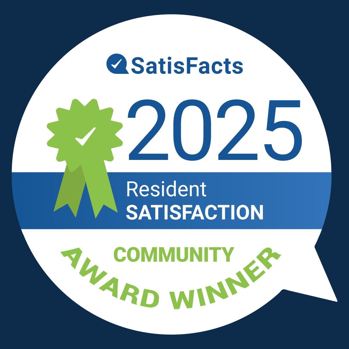 SatisFacts 2025 Resident Satisfaction Award badge. White, blue, and green color scheme with ribbon and text.