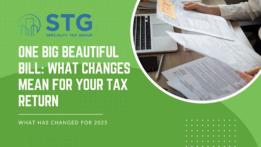 Green promotional graphic for a 2025 tax planning guide on cost segregation featuring a person reviewing financial papers.