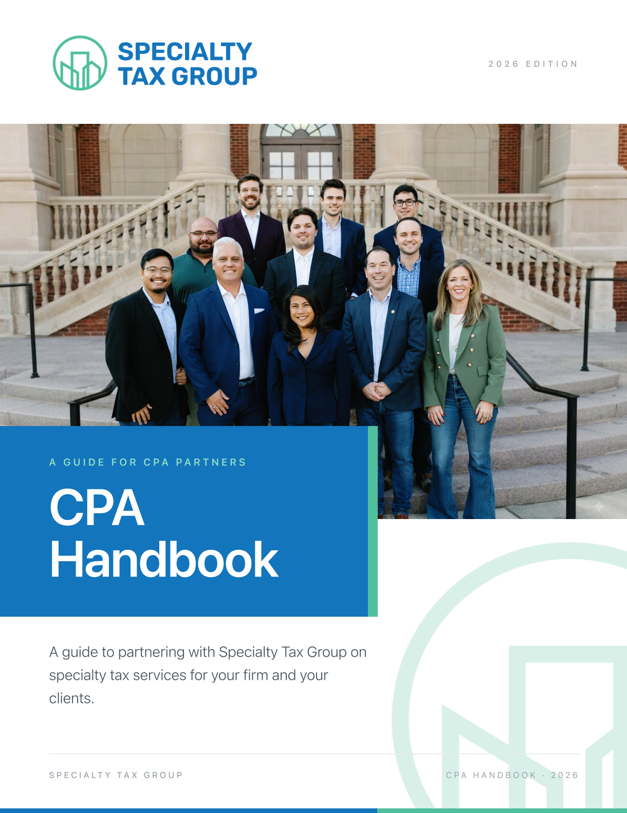 Specialty Tax Group CPA Handbook cover with group photo on courthouse steps and blue title panel