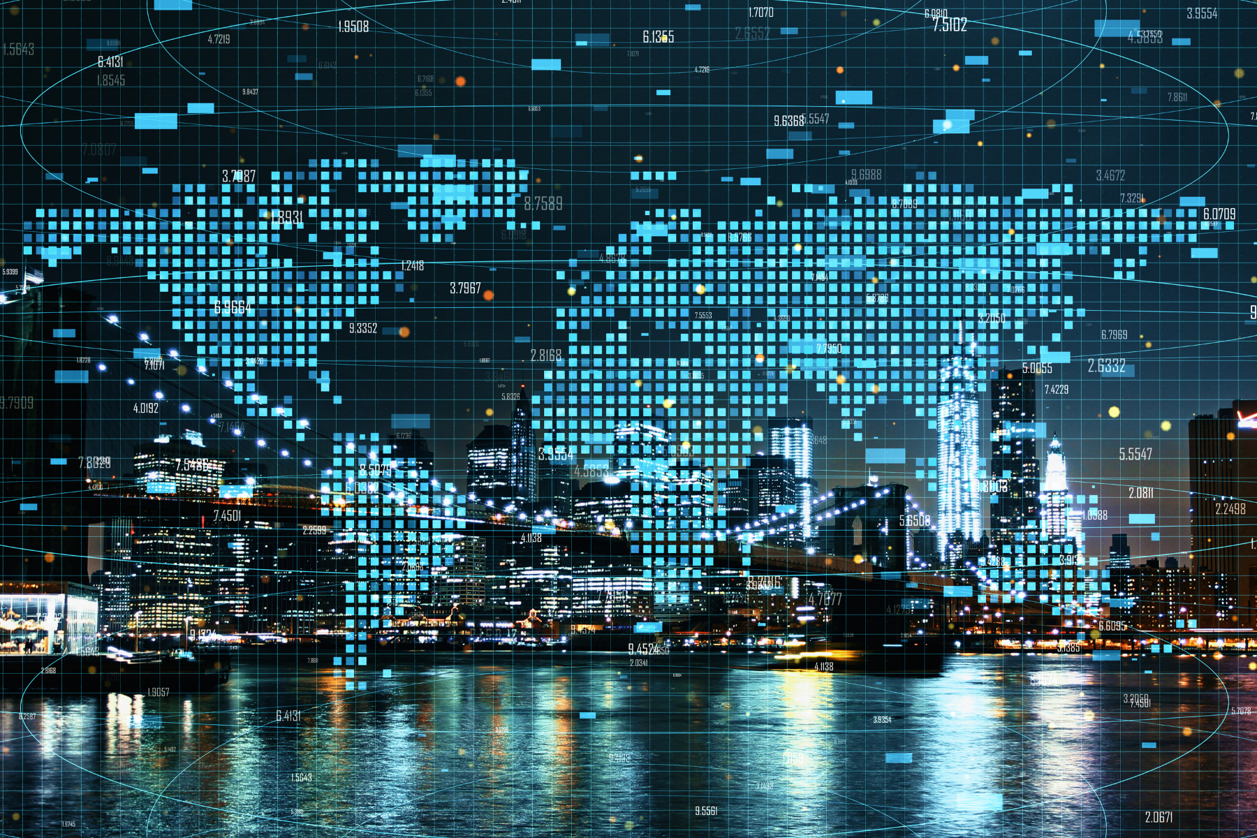 Digital city skyline at night with blue data grid overlay reflected on water