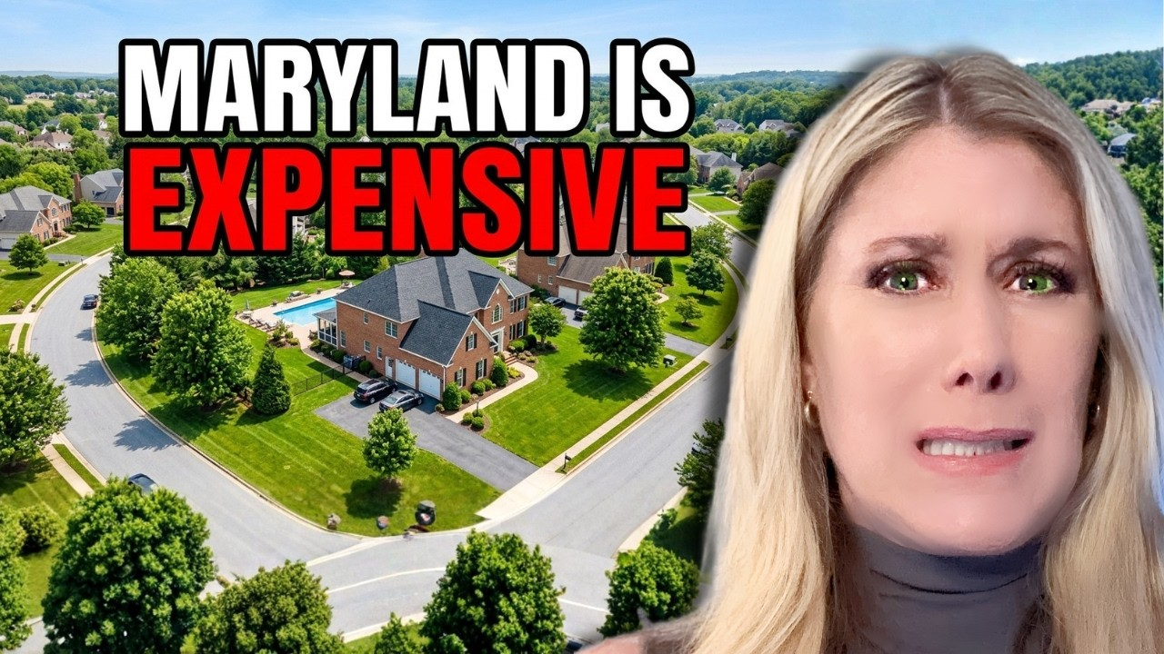 Text reads “MARYLAND IS EXPENSIVE” over a suburban neighborhood and a concerned blonde woman’s face.