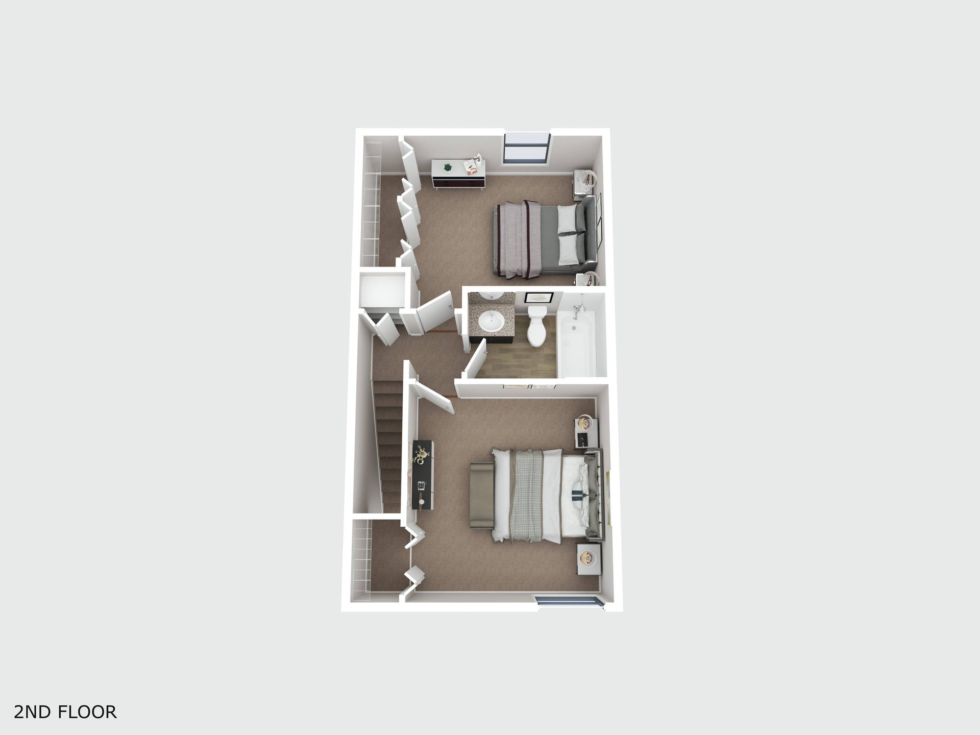 Top-down 3D floor plan of a small two-bedroom apartment with a bathroom and kitchen area.