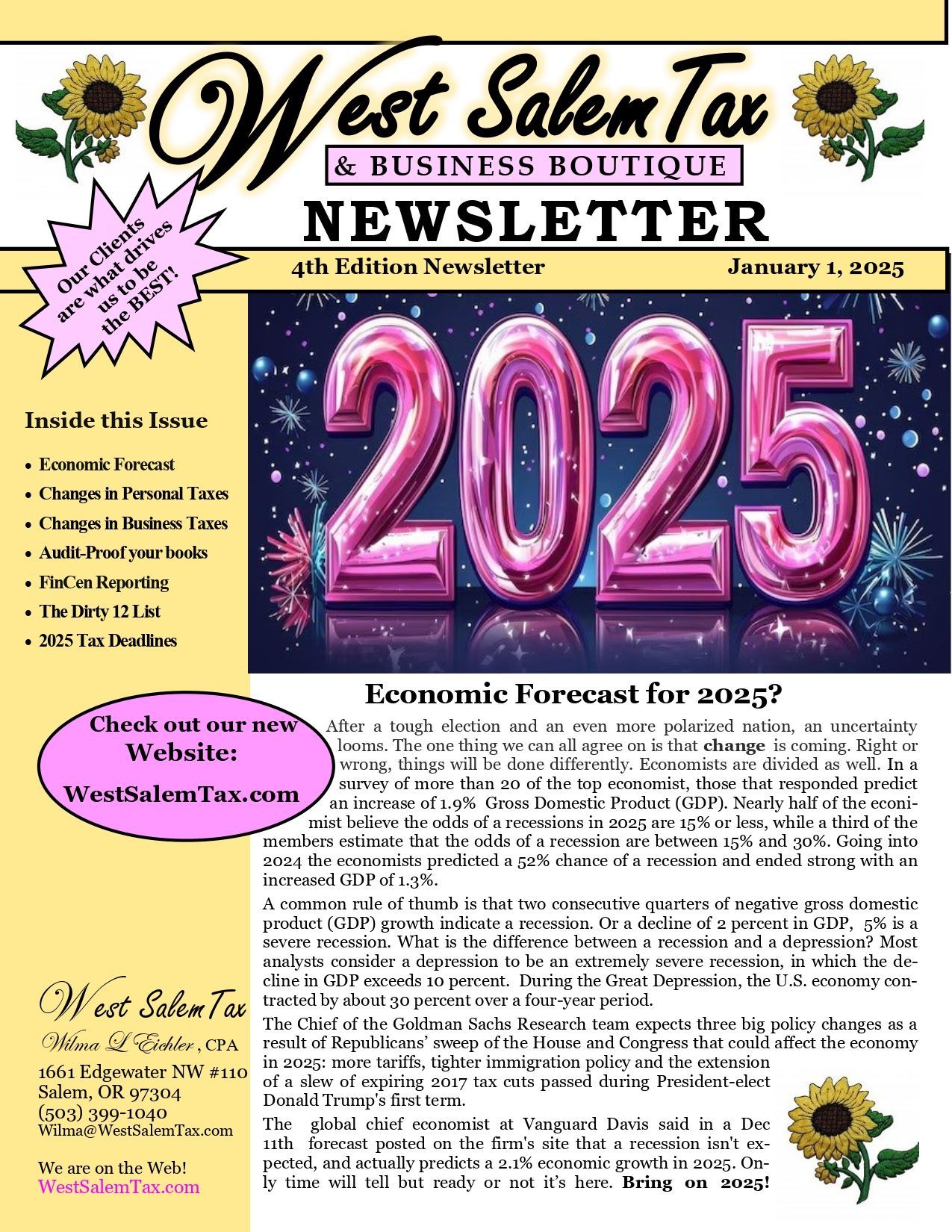 Newsletter for West Salem Tax & Business Boutique; 2025 headline; economic forecast for 2025. Newsletter for West Salem Tax & Business Boutique; 2025 headline; economic forecast for 2025.