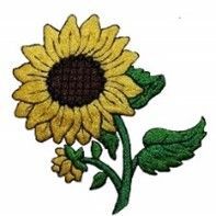 A drawing of a sunflower with green leaves on a white background.
