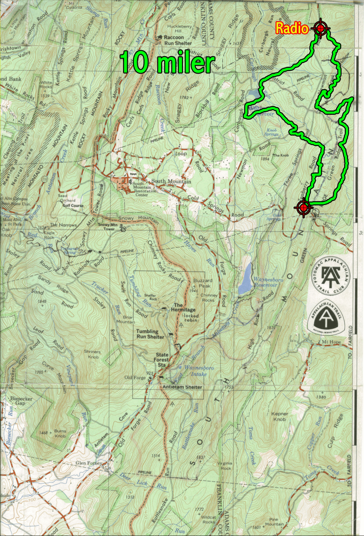 Topographic map with a green marked route and waypoints labeled “10 miles” and “fast.”