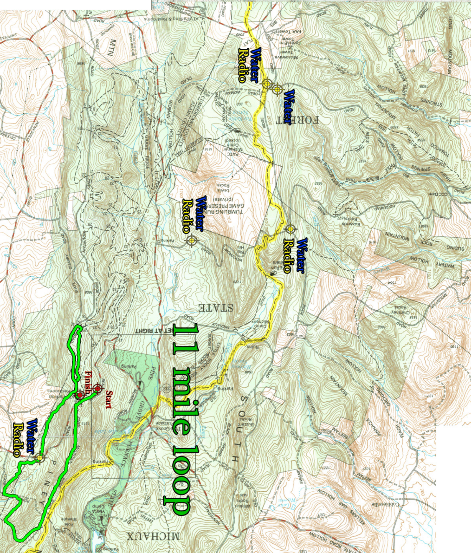 Topo map showing an 11-mile loop trail marked in yellow with several blue waypoint icons