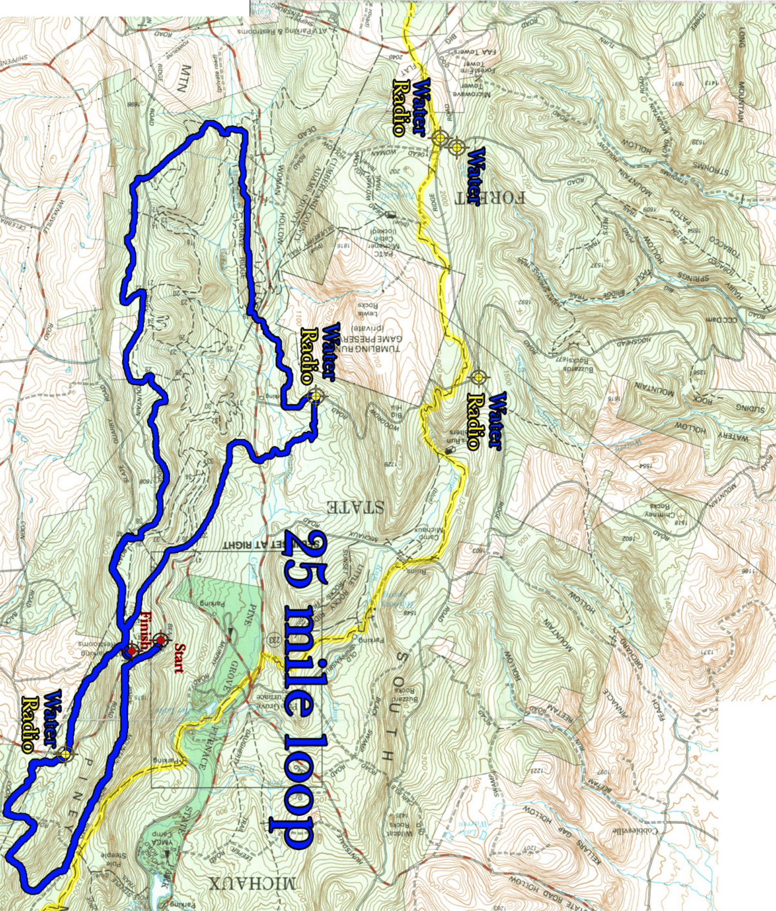 Map with a blue outlined route labeled “25 mile loop” over terrain and roads.