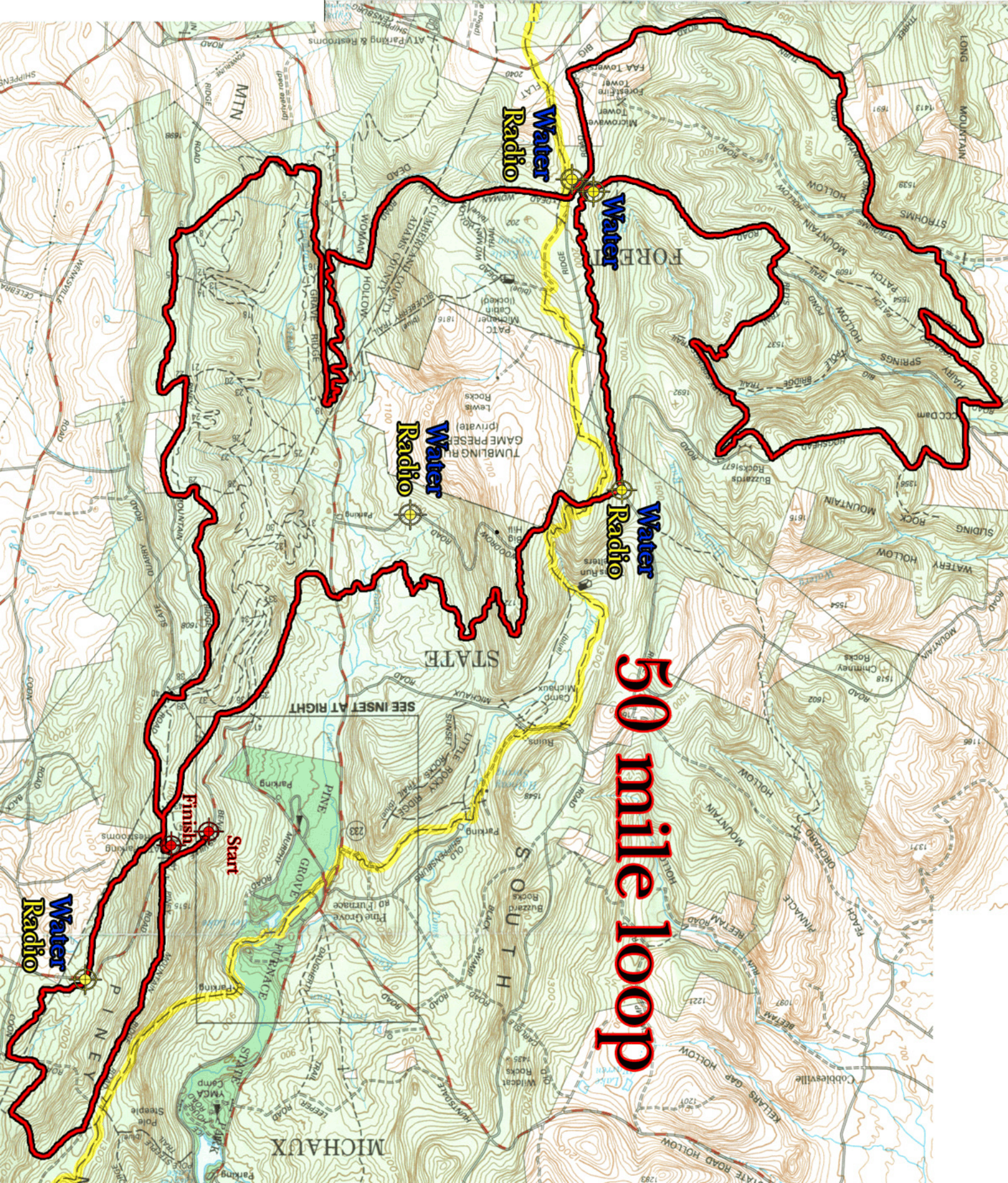 Topographic map with a red outlined 50-mile loop route labeled in the center.