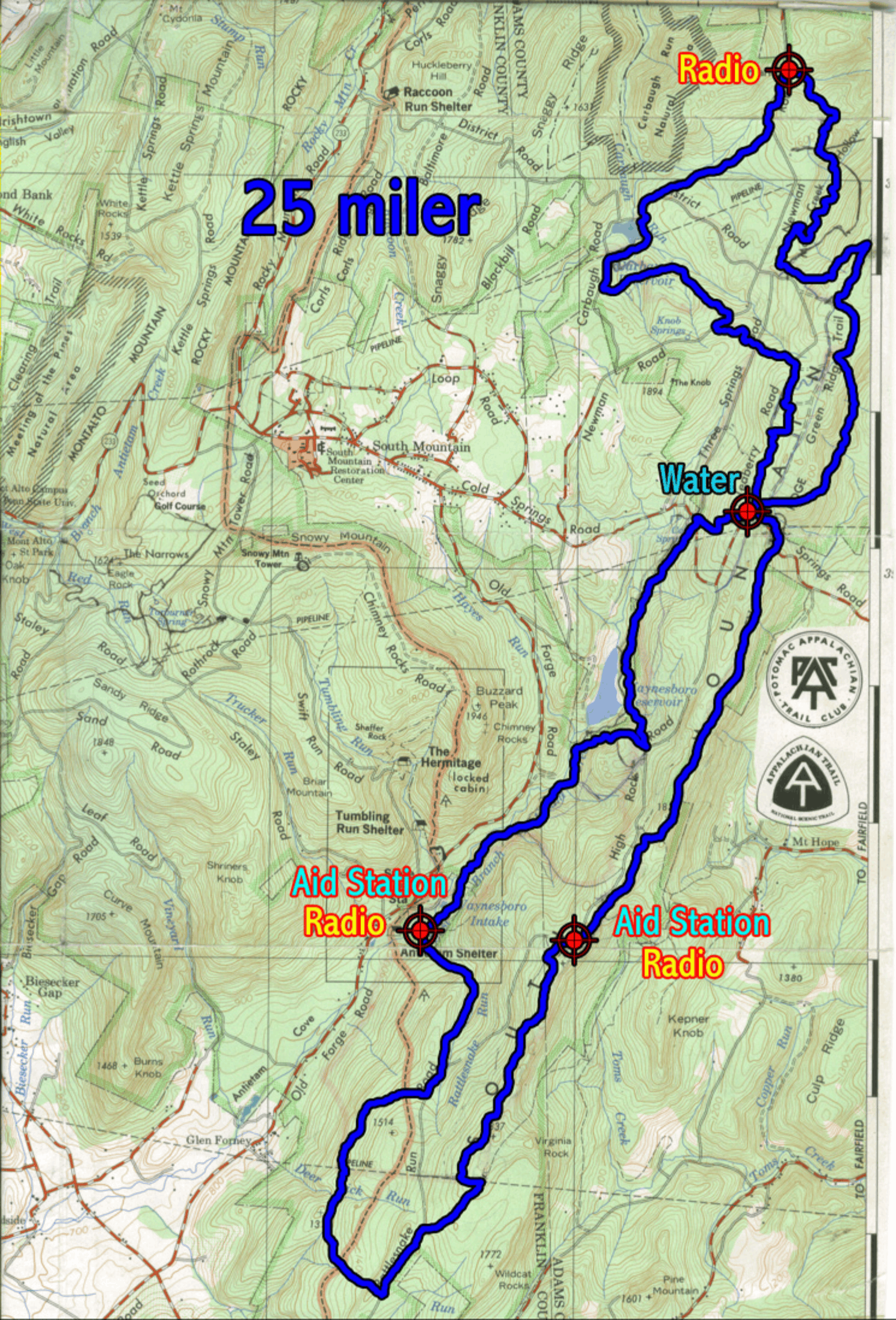 Topographic trail map showing a 25-mile blue route with marked points along the path.