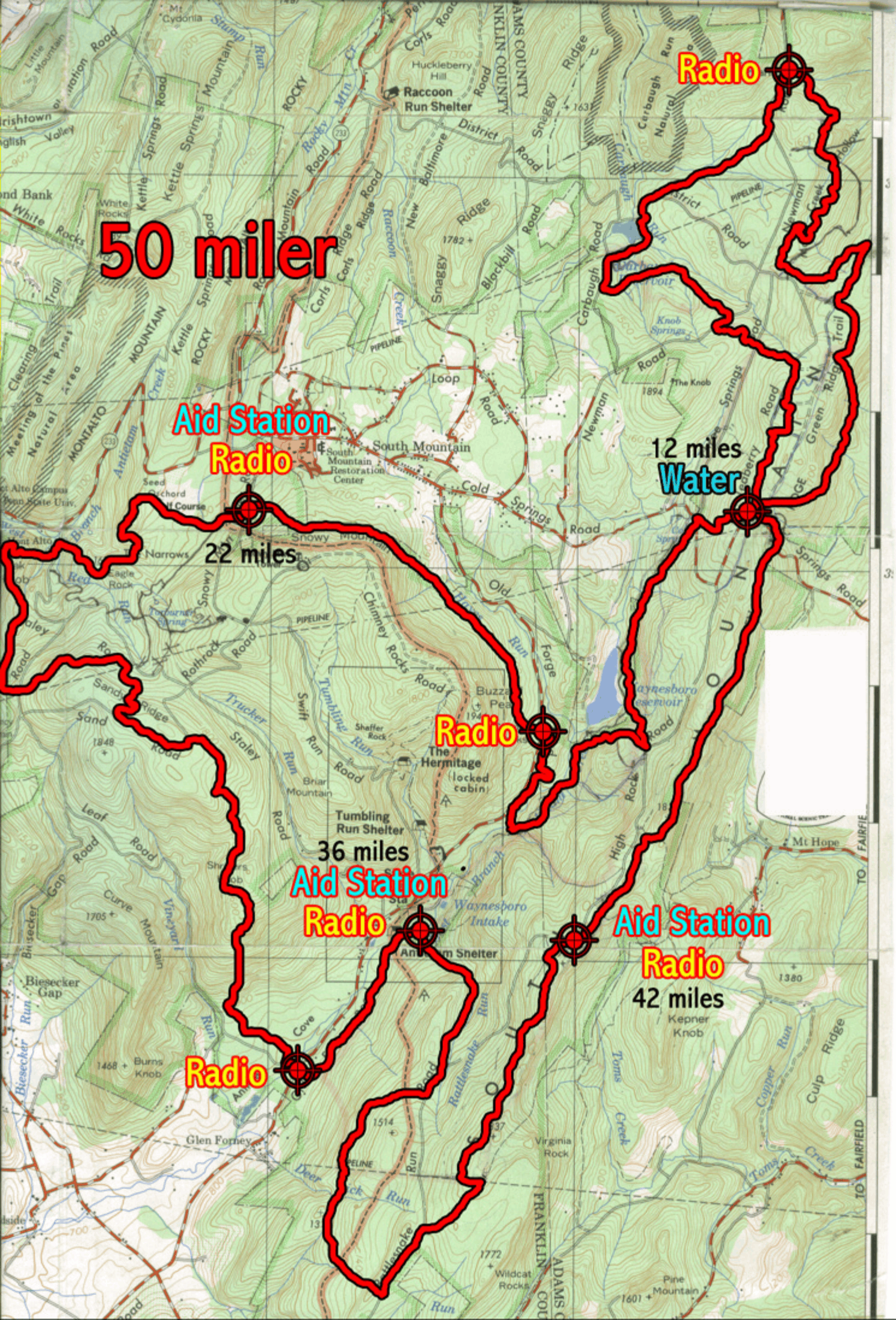 Topographic map with a red route loop marked across hills, rivers, and labeled trail points.