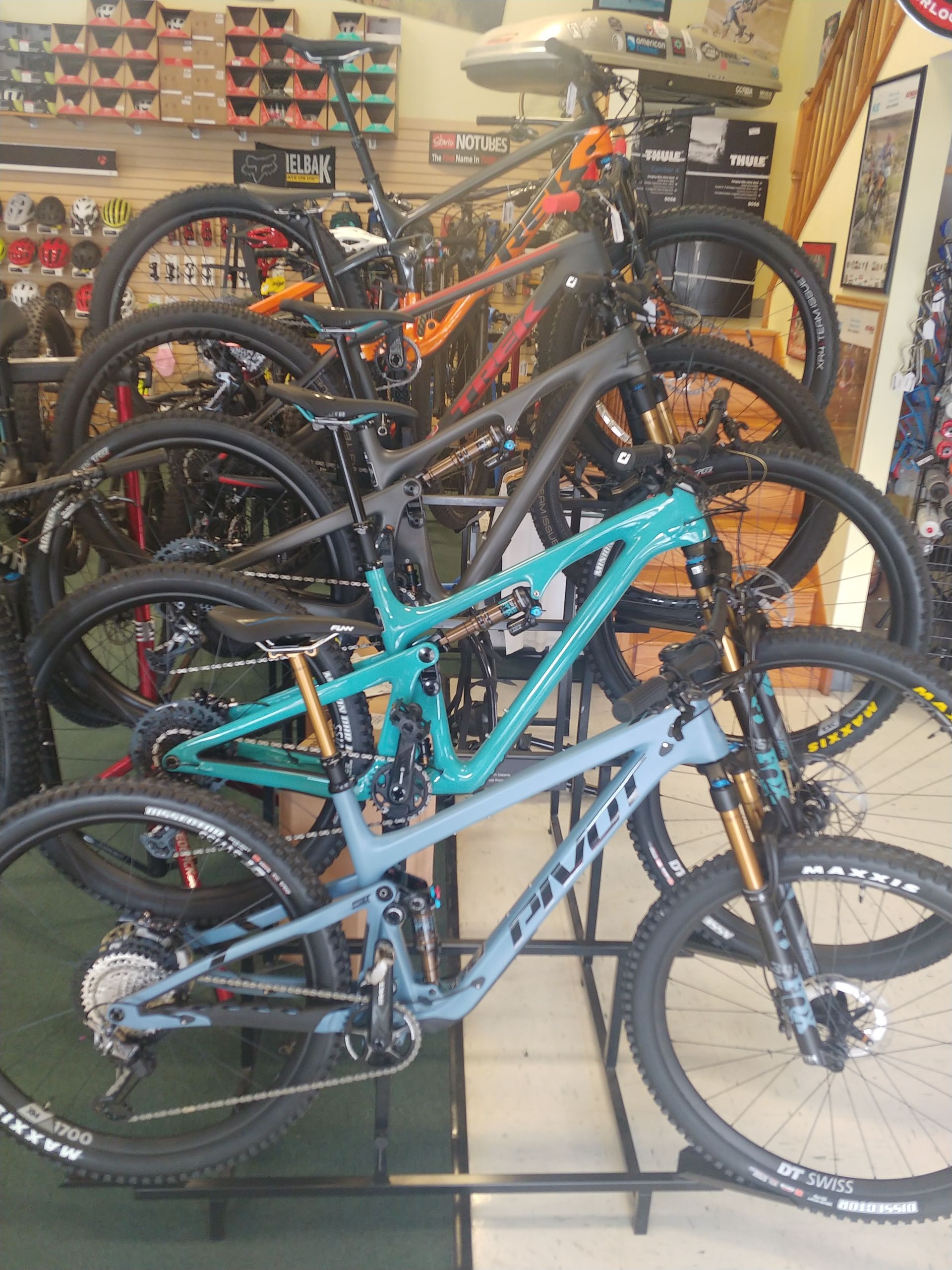 Several mountain bikes lined up indoors, with a turquoise bike in front and racks of shoes in the background
