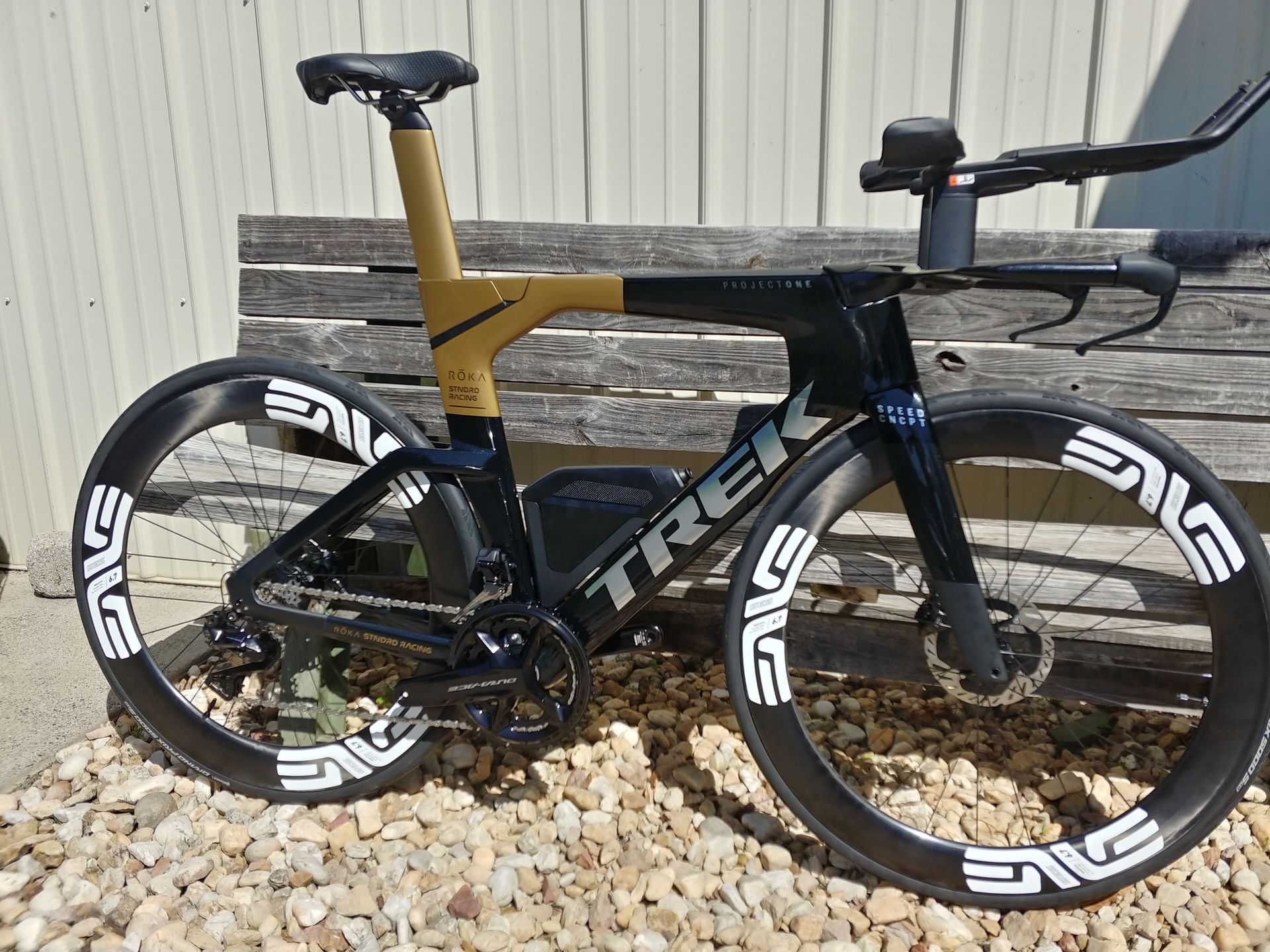 Black and gold Trek road bike with white wheel decals parked on gravel by a corrugated wall