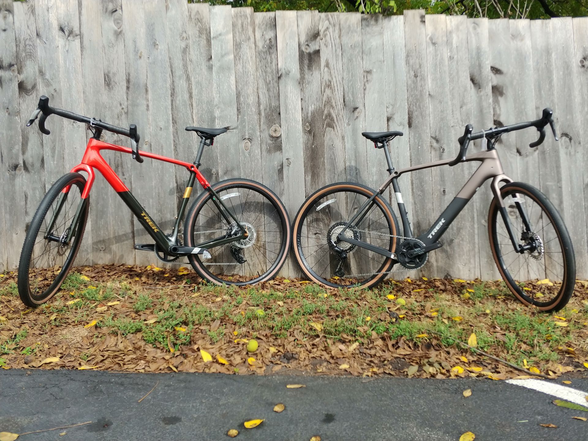 Two bicycles leaning against a wooden fence, one red and one black, on a wet roadside with fallen leaves