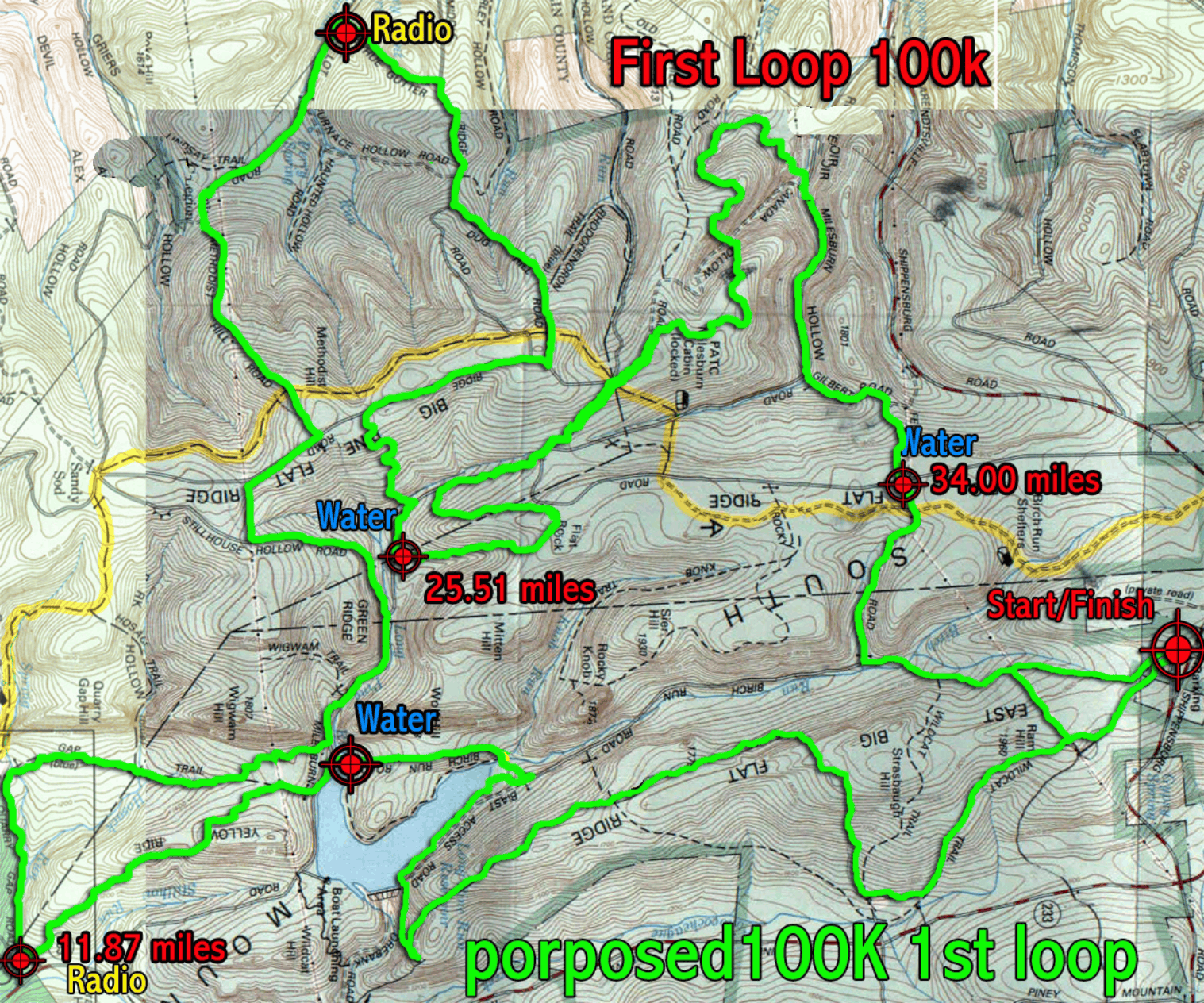 Topo map with bright green and yellow trail loops labeled “First Loop 100k” and “proposed100k 1st loop”