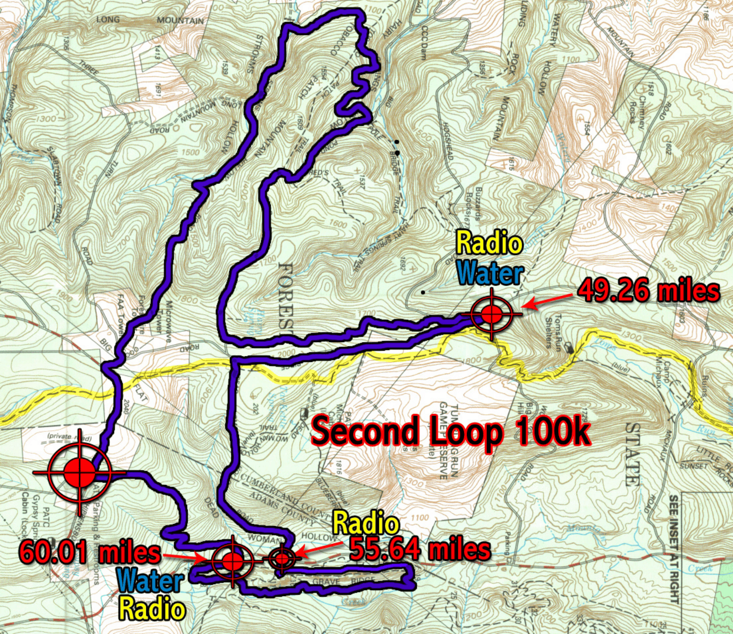 Map of “Second Loop 100k” route with a purple trail and distance markers from Radio Water.