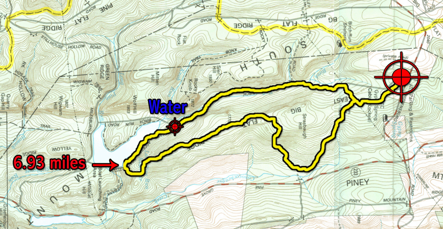 Topographic map with a marked yellow route from a red pin to a red target, labeled 6.33 miles.