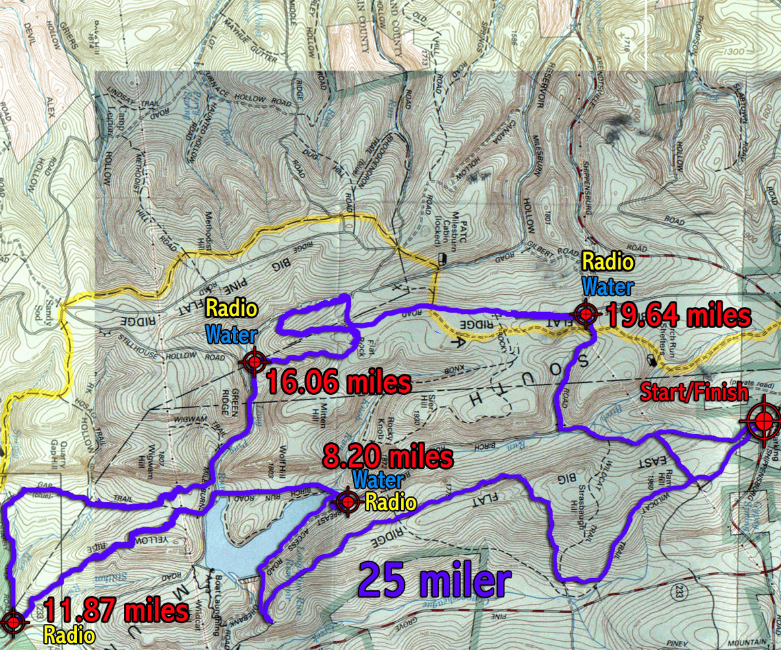 Topographic map with colored route lines and mile markers showing several hiking paths.