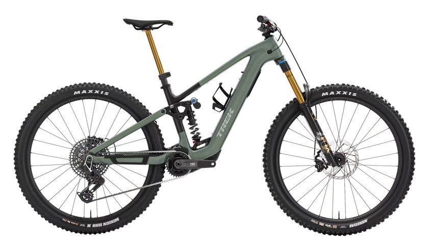 Green full-suspension mountain bike with black wheels and gold accents on a white background