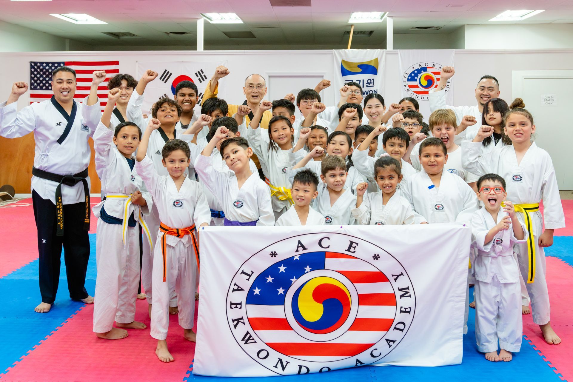 A team of Taekwondo kids posing stance.