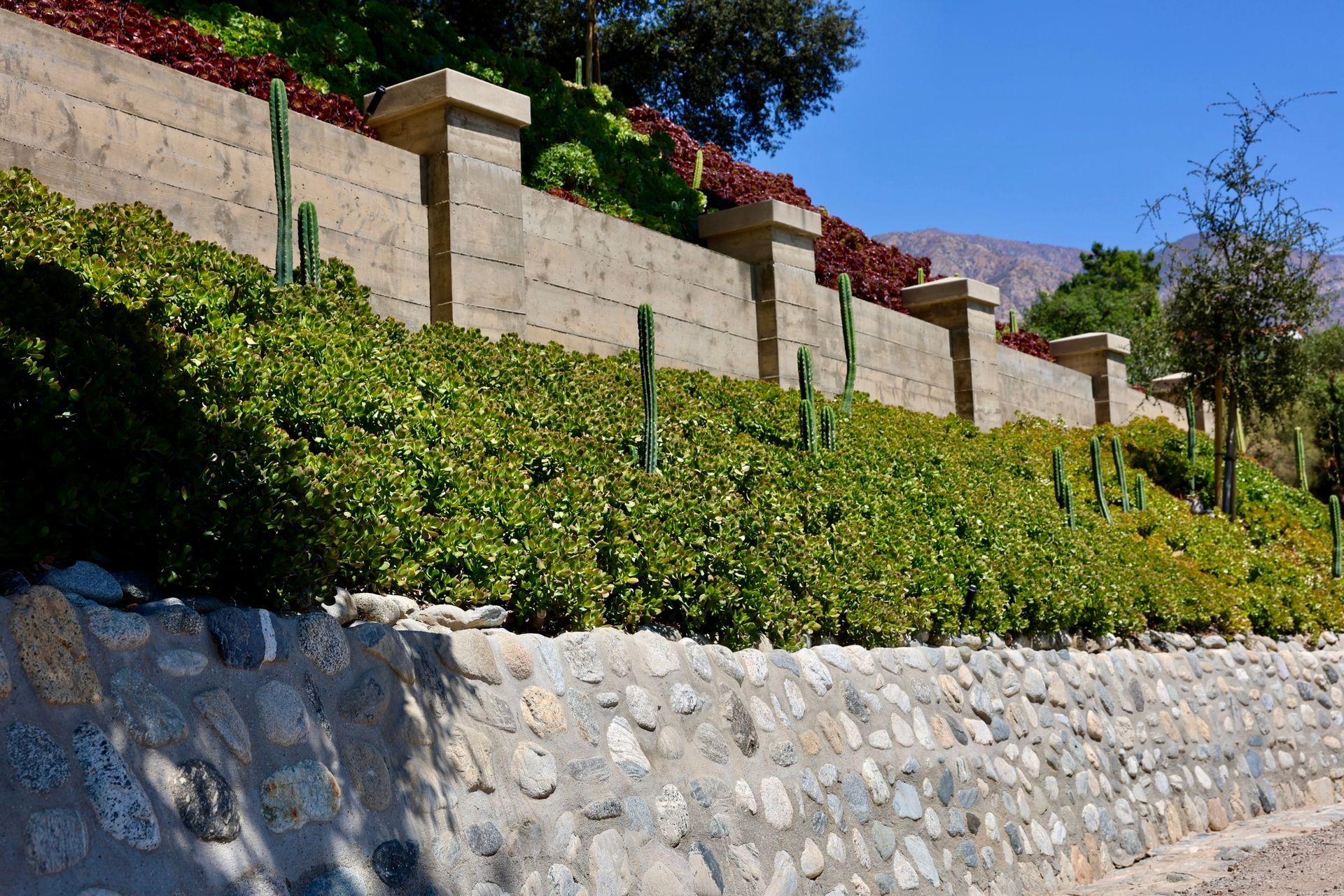 Stone retaining wall with green ivy and a beige fence above, under a clear blue sky