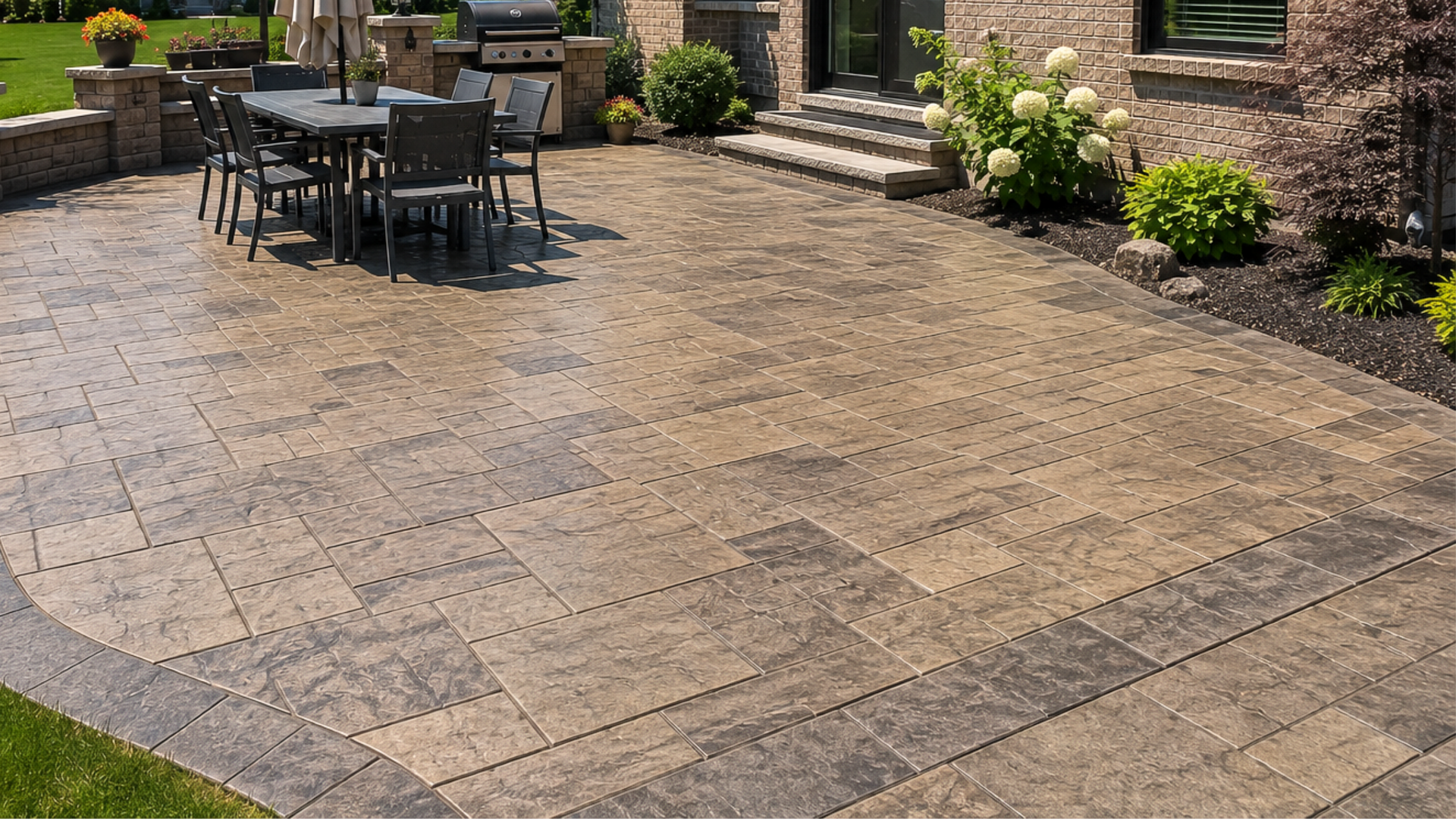 Ashlar slate stamped concrete patio beside a Perrysburg Ohio home