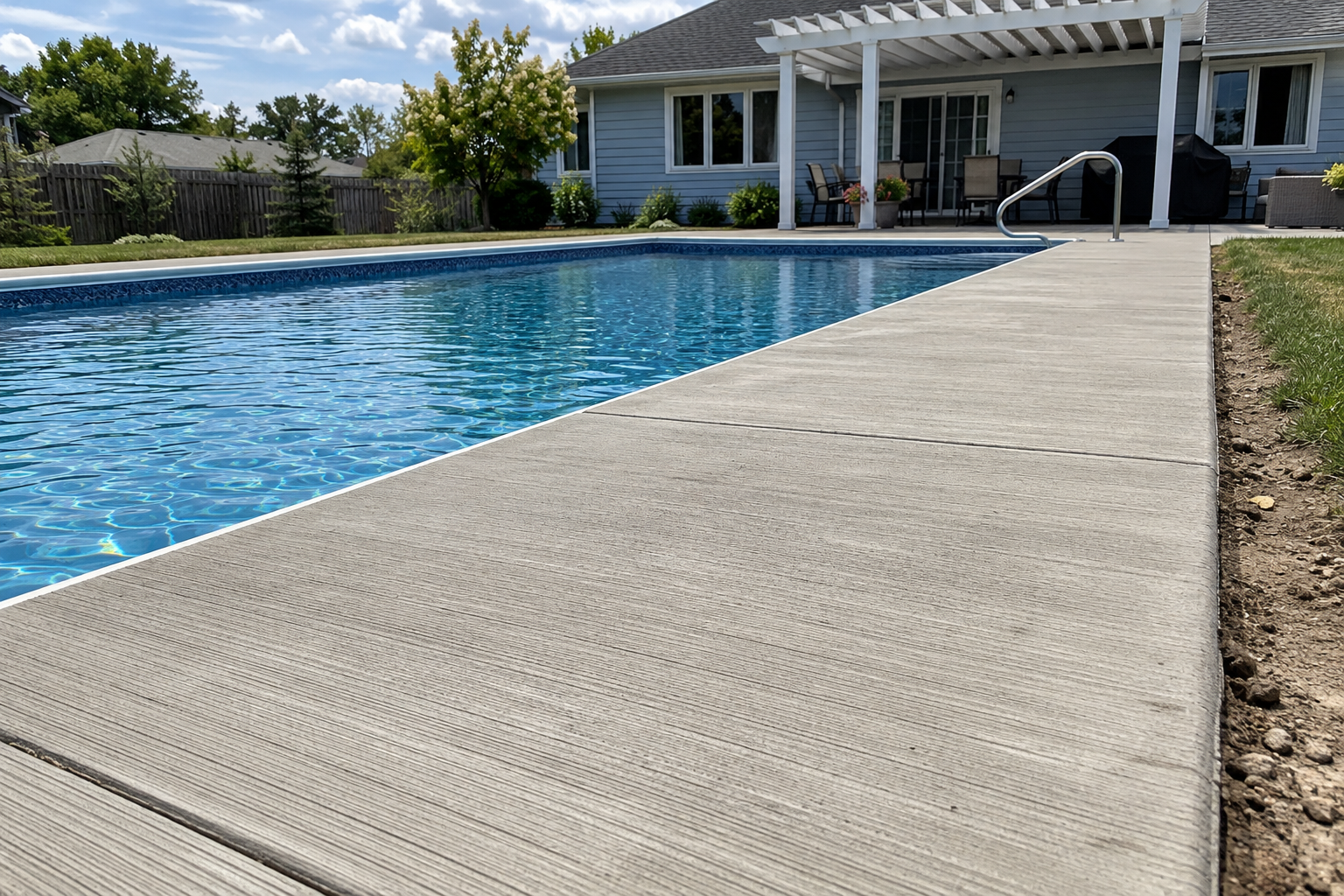 Broom finish concrete pool deck with fine brushed ridges running alongside an inground pool