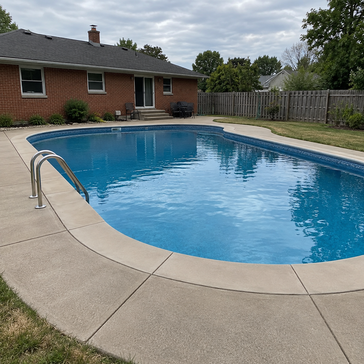Finished concrete pool deck with coping surrounding an inground pool at a Perrysburg