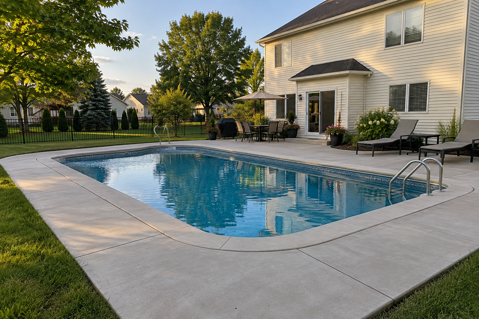 Finished concrete pool deck with coping surrounding an inground pool at a Perrysburg Ohio home