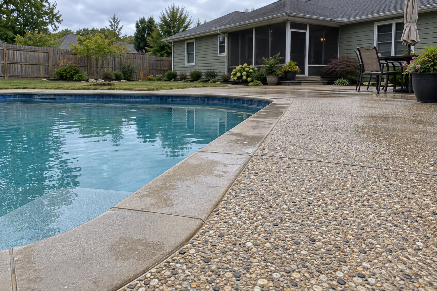 Exposed aggregate pool deck showing pebbled stone texture at the edge of a pool