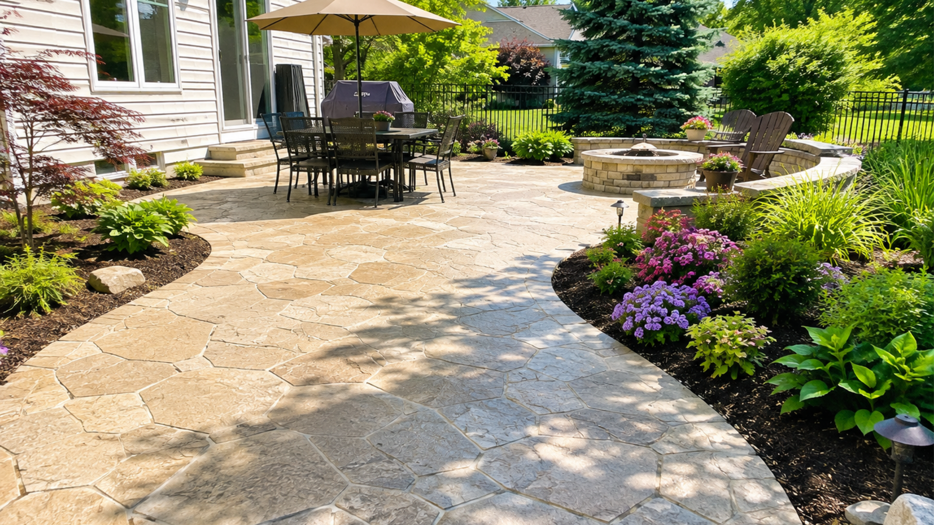 Flagstone pattern stamped concrete patio surrounded by landscaping in Perrysburg