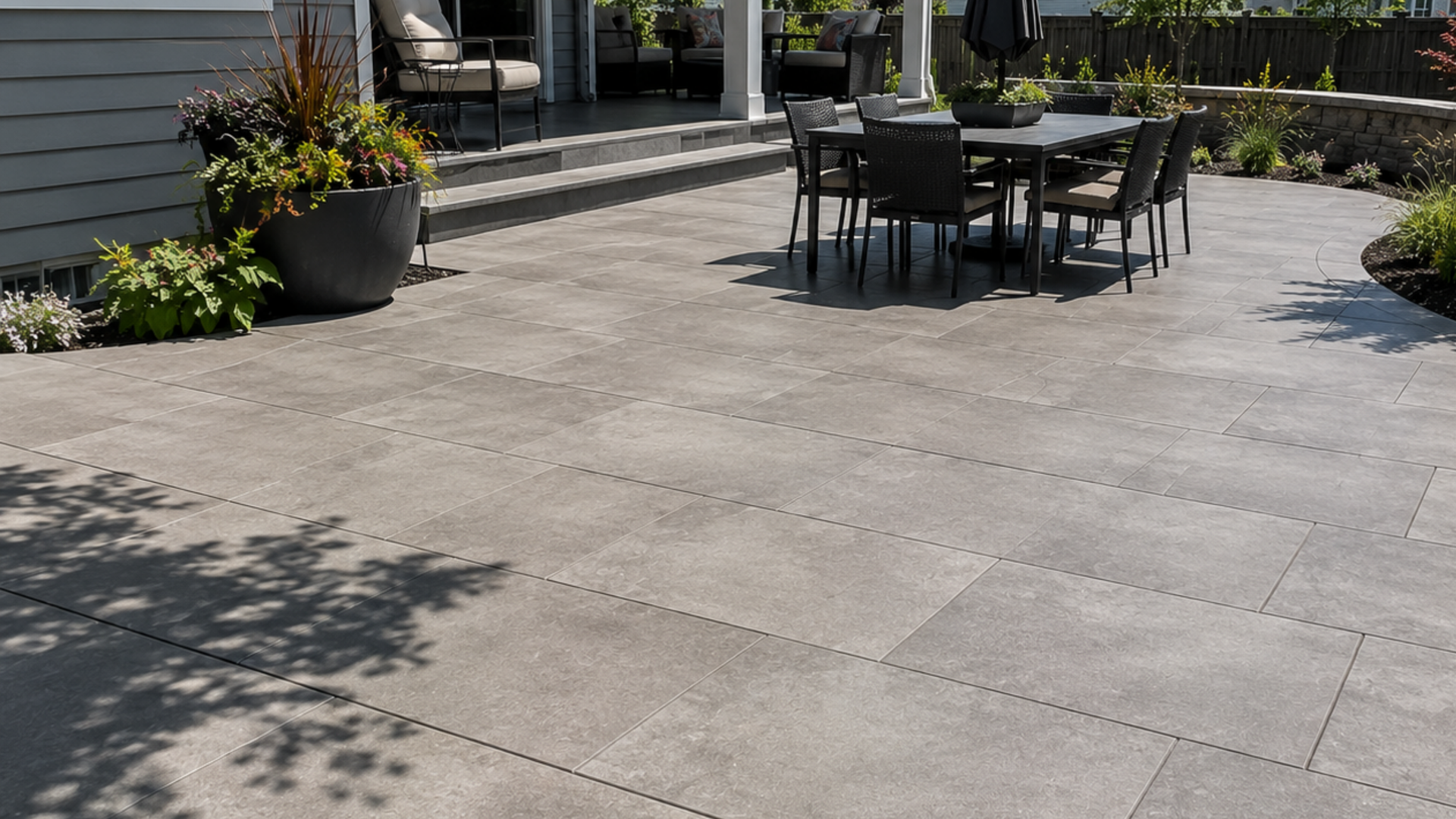 Modern large-format stamped concrete patio at a Perrysburg Ohio home