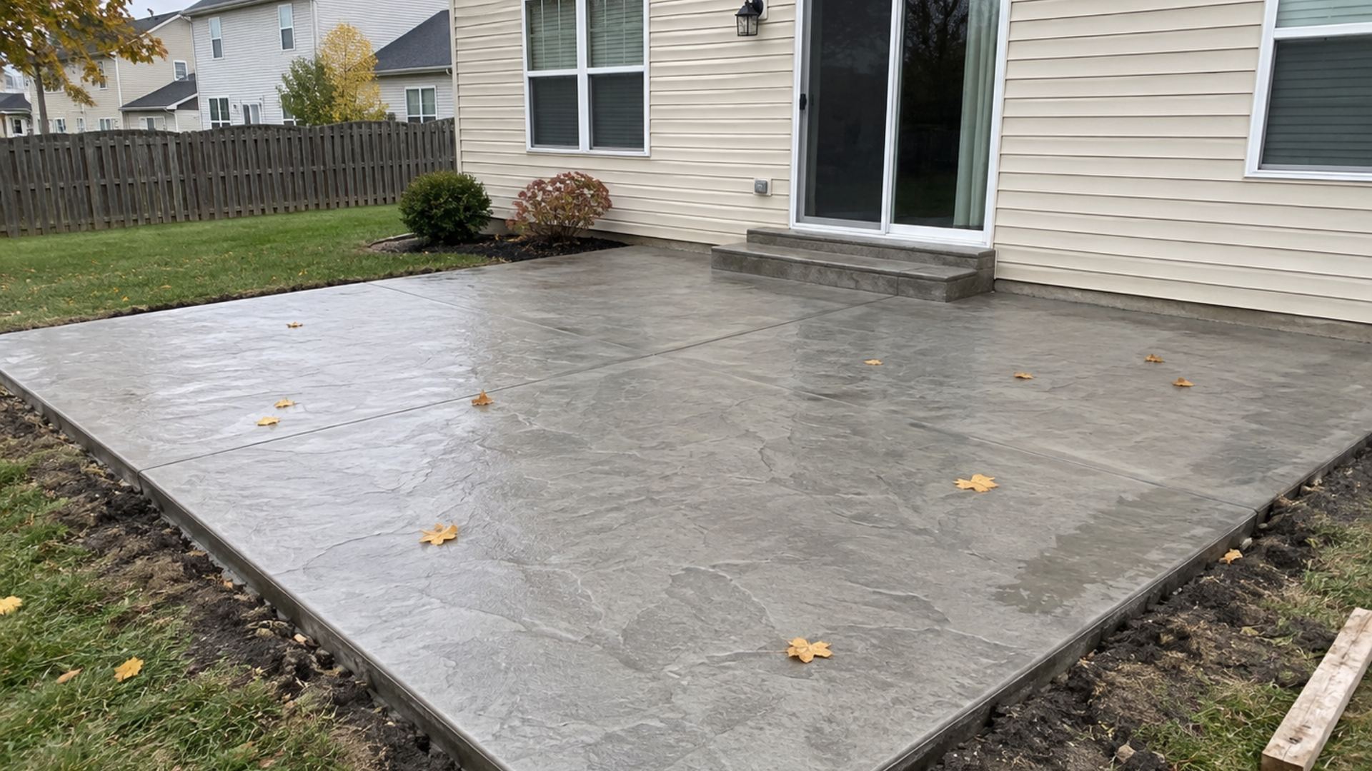 Freshly sealed stamped concrete patio with fall leaves at a Perrysburg Ohio home