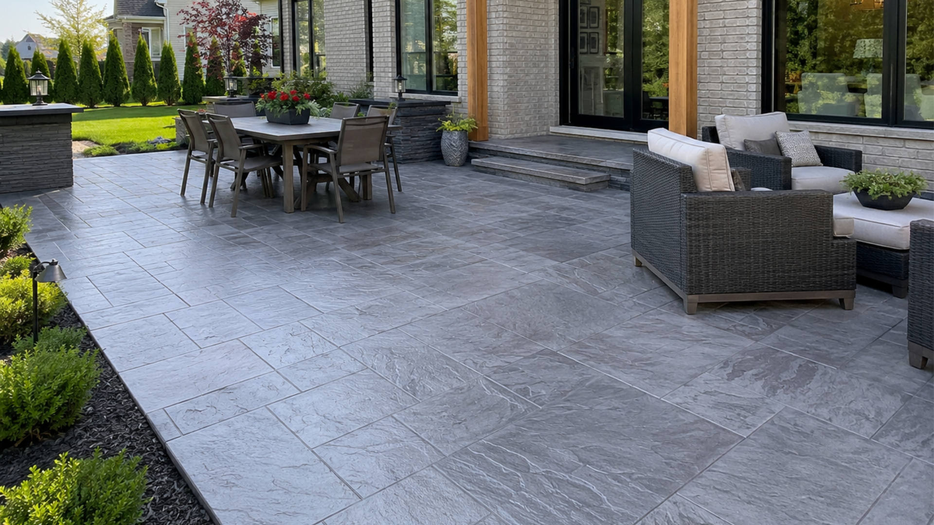 Seamless slate stamped concrete patio at a modern Perrysburg home