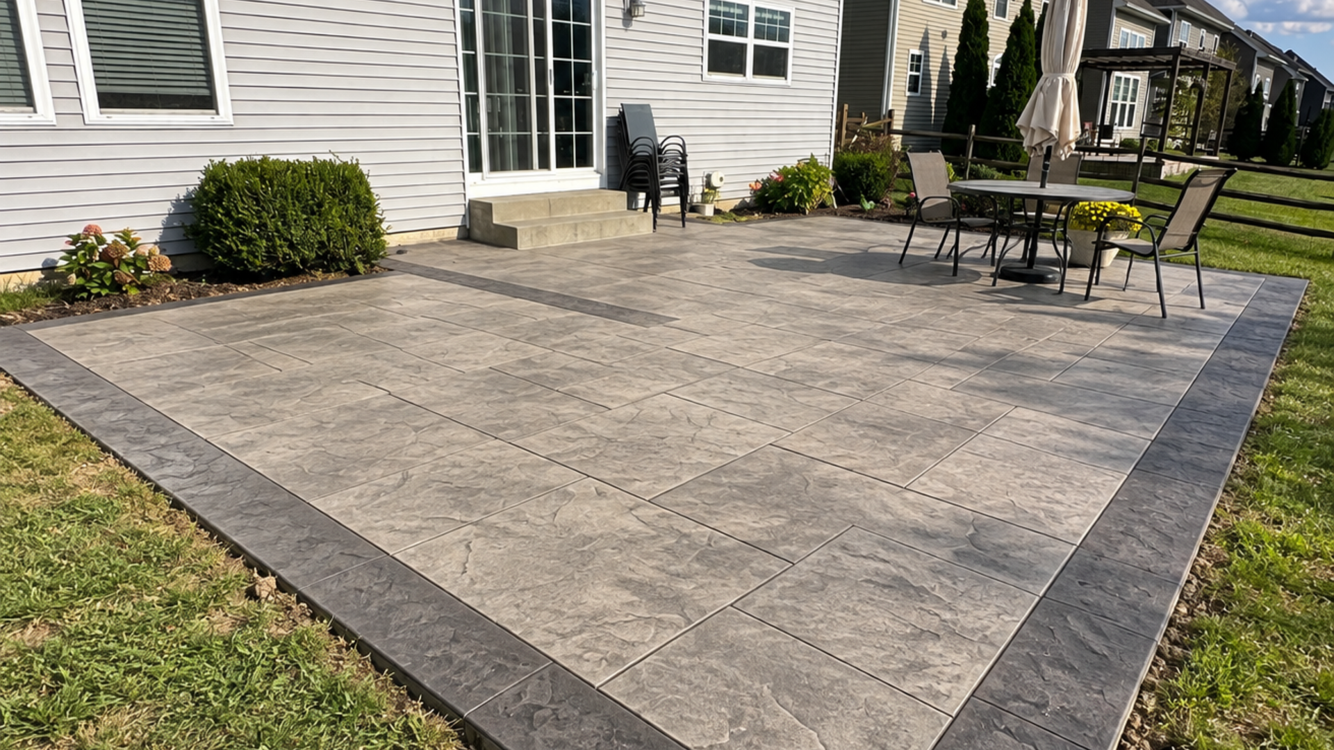 Finished stamped concrete patio with a decorative border at a Perrysburg Ohio home