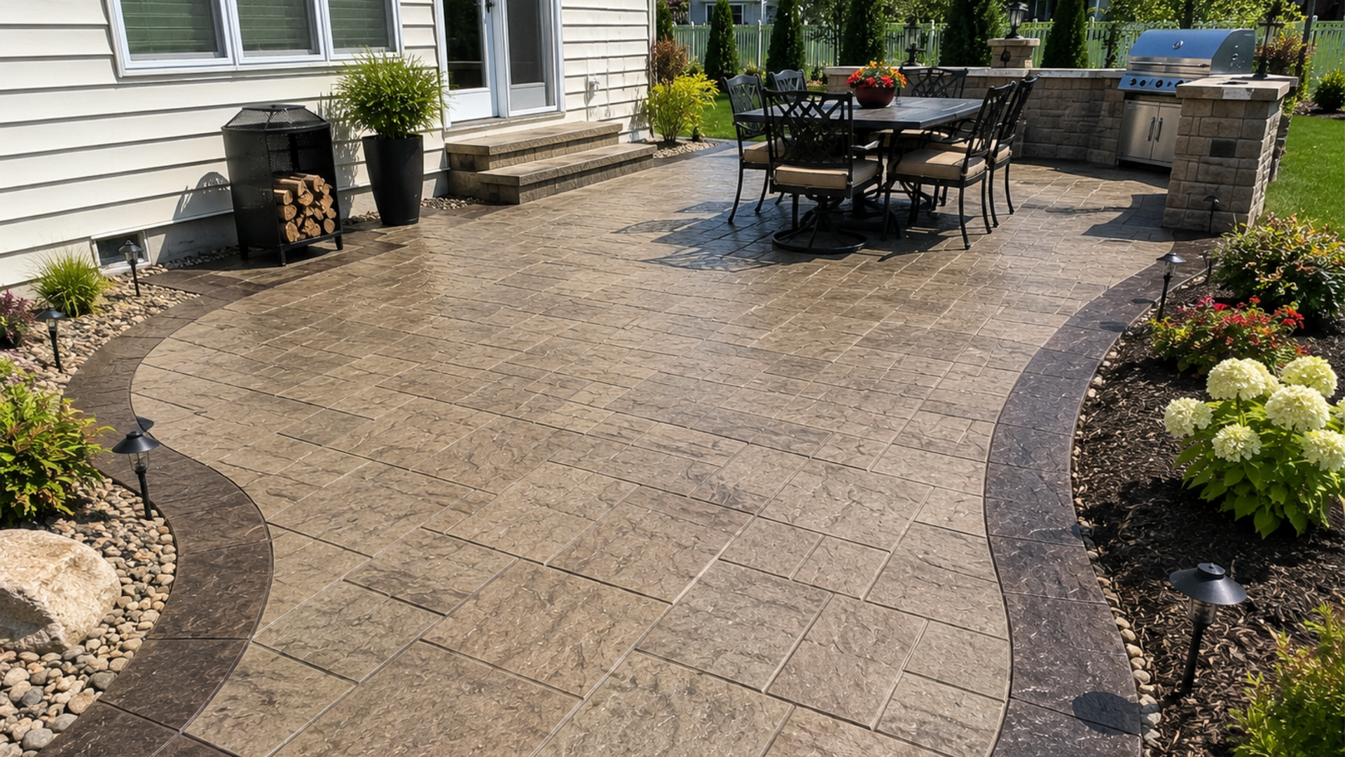 Two-tone stamped concrete patio with decorative border in Perrysburg Ohio