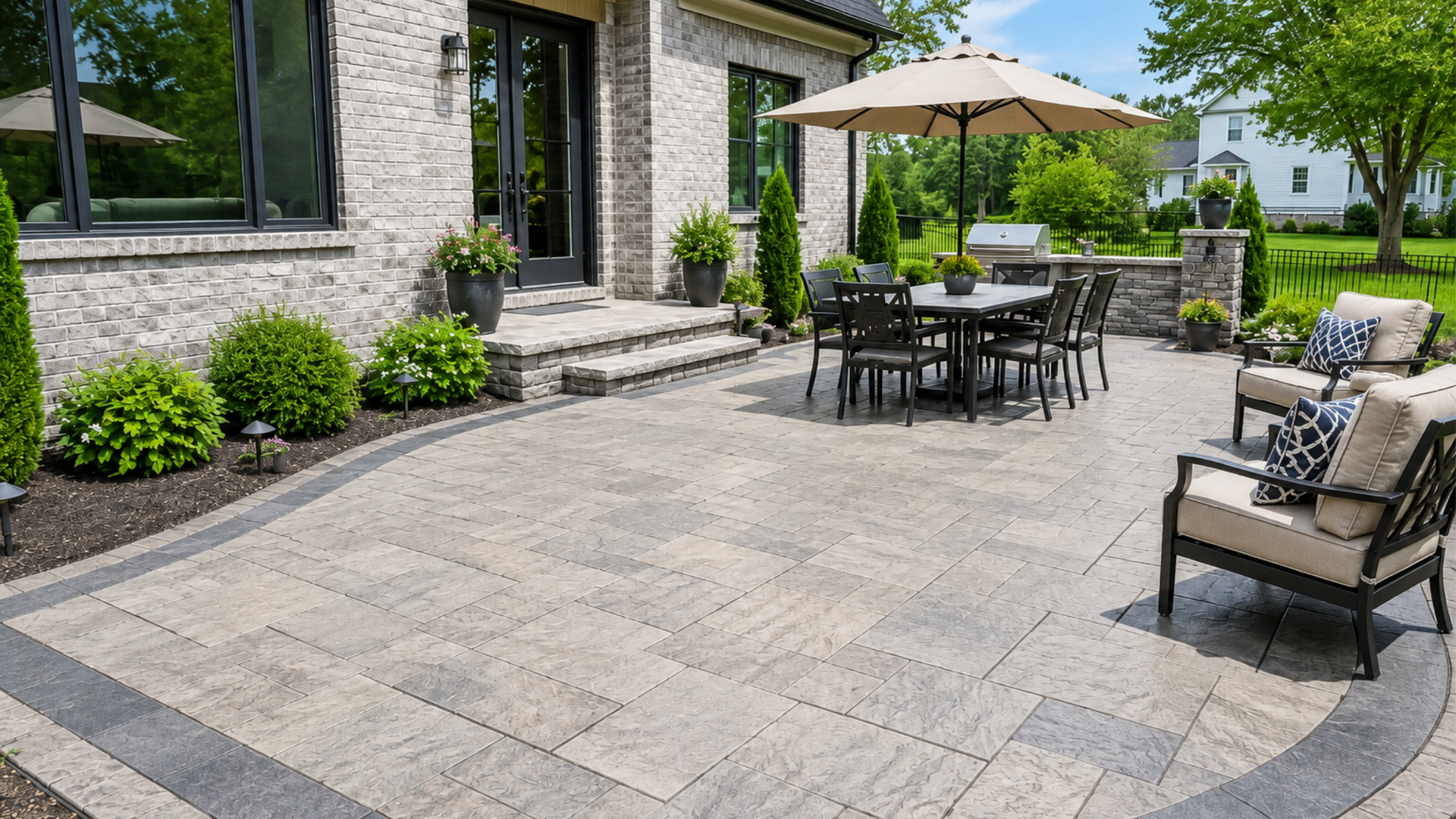 Stamped concrete patio with Ashlar slate pattern and decorative border at a Perrysburg Ohio home