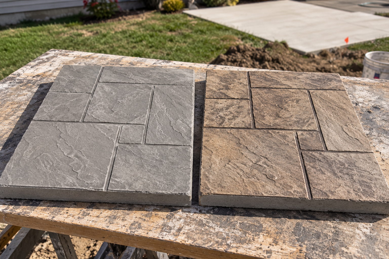 Stamped concrete samples showing single color and two color
finishes side by side