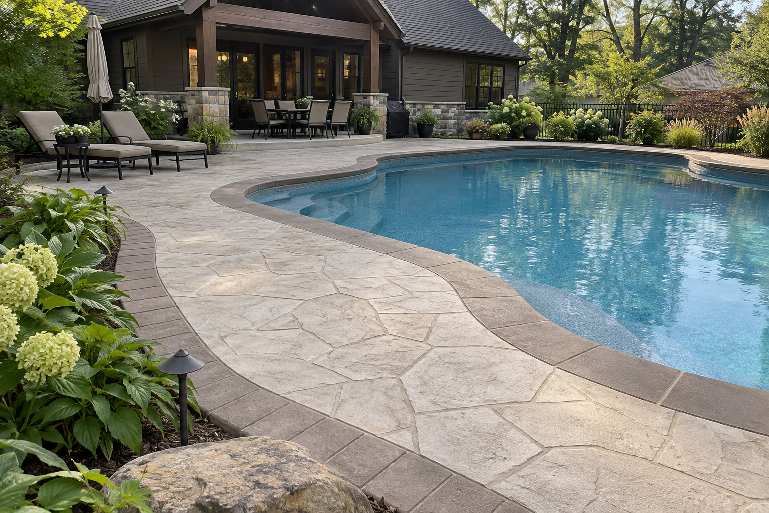 Light colored stamped concrete pool deck with a stone pattern and decorative border