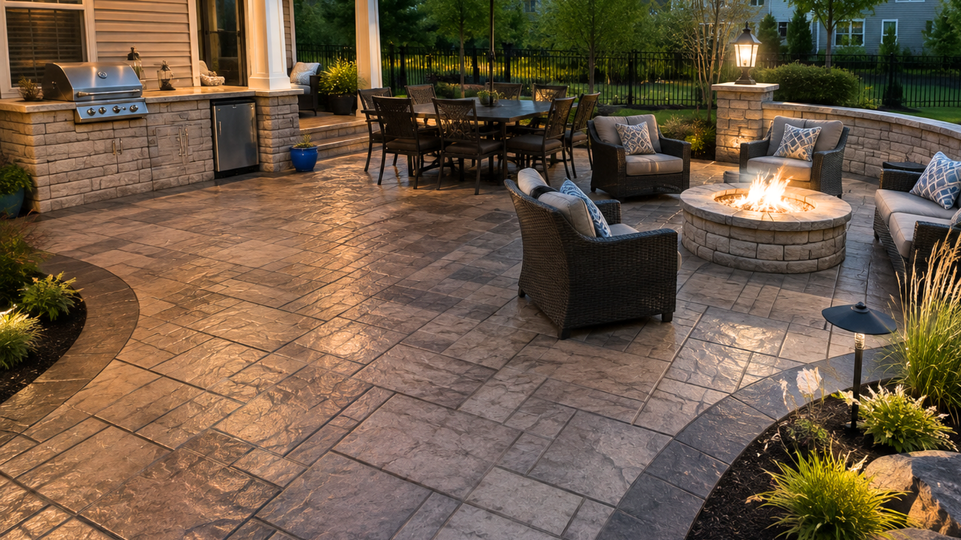 Stamped concrete patio with fire feature and outdoor living area in Perrysburg