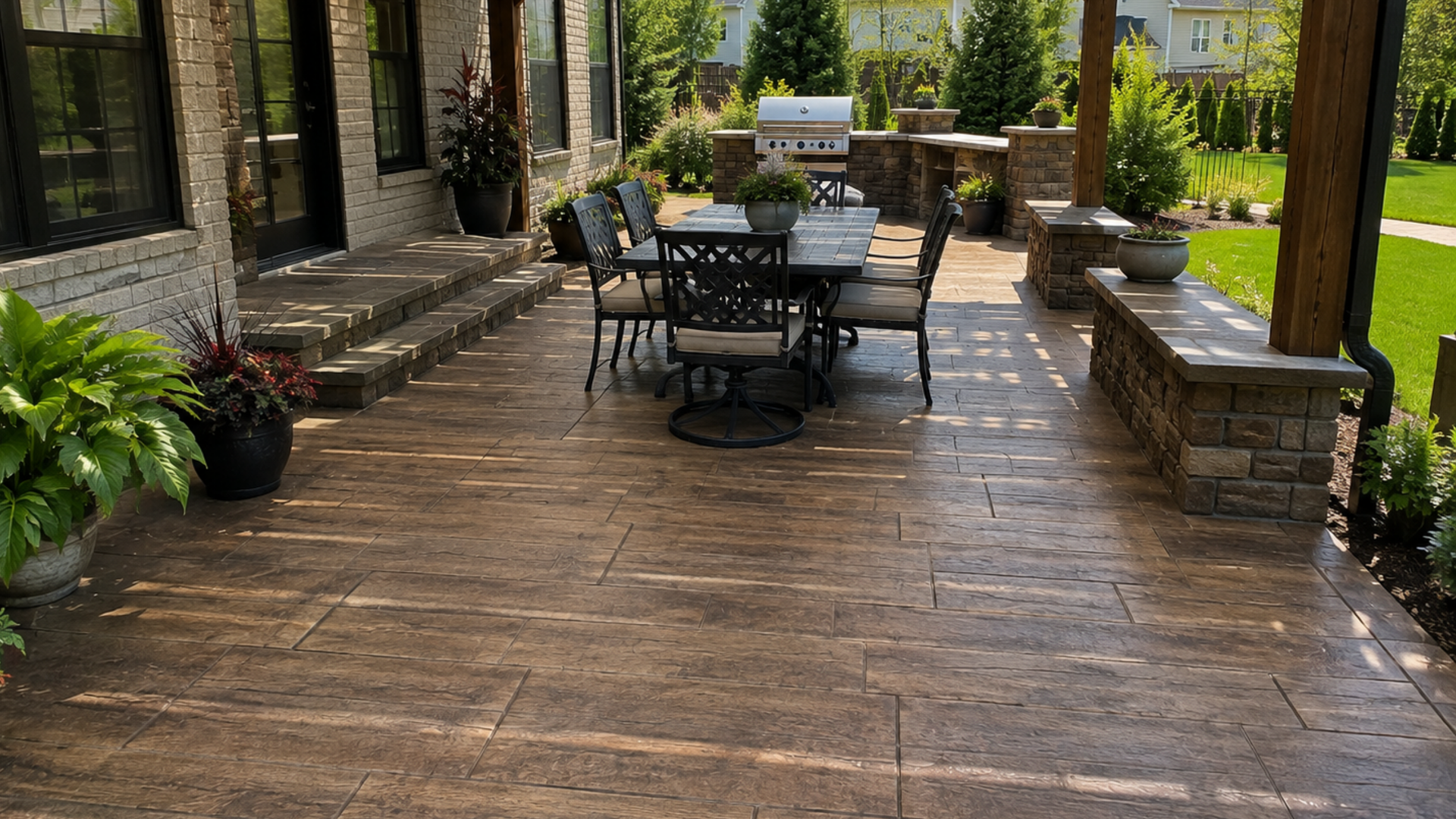 Wood plank stamped concrete patio beneath a pergola at a Perrysburg home