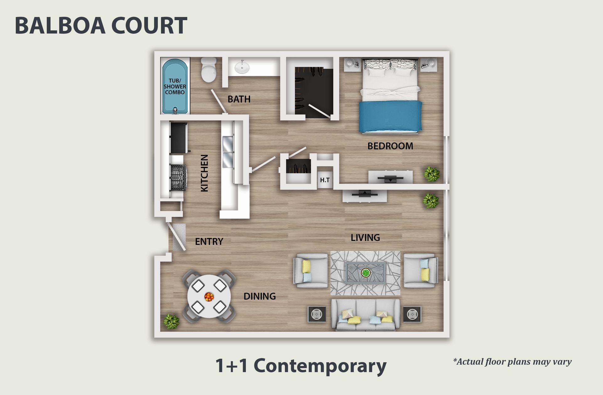 3D floor plan of a small loft apartment with kitchen, dining, living, and bedroom areas