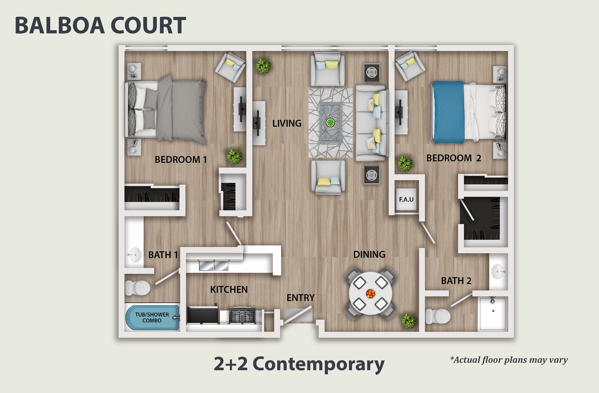 3D floor plan of a small loft apartment with kitchen, dining, living, and bedroom areas